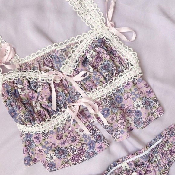 FOR LOVE & LEMONS Willow Multi Floral Bow Tie Ribbon Bow Coquette Top Purple XL - Picture 2 of 12
